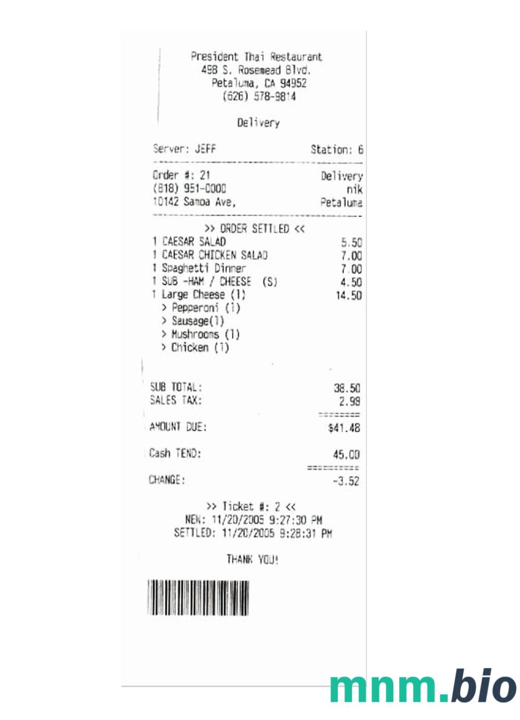 President Thai Restaurant czek płatniczy wersja 2